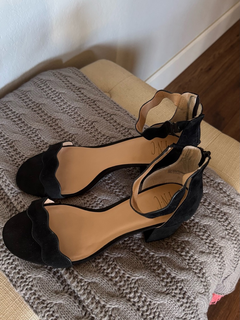 INC Black Scalloped Ankle-Strap Heels